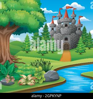 Cartoon Illustrazione di Castello su paesaggio collinare Illustrazione Vettoriale