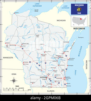 Mappa stradale dello stato americano del Wisconsin con bandiera Illustrazione Vettoriale