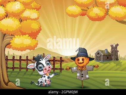 Mucca di cartone animato con lo scarrecrow di Halloween sullo sfondo della fattoria Illustrazione Vettoriale