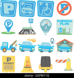 Parcheggio set di icone, stile cartoon Illustrazione Vettoriale