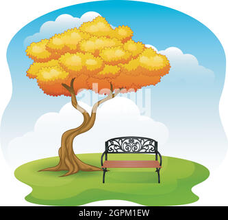 Parco verde con panca sotto l'albero autunnale Illustrazione Vettoriale