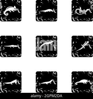 Tipi di icone iguana impostato, grunge stile Illustrazione Vettoriale