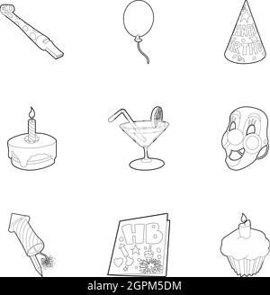 Festa di compleanno di set di icone di stile di contorno Illustrazione Vettoriale