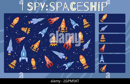 Io spy gioco. Divertimento educativo per i bambini. Contare quanti Space Shuttle. Profilo del razzo cartoon, veicolo aerospaziale su sfondo blu scuro. Templat vettoriale Illustrazione Vettoriale