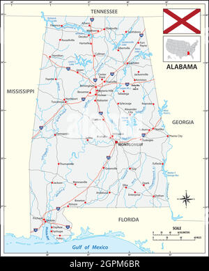 Mappa stradale dello stato americano dell'Alabama con bandiera Illustrazione Vettoriale