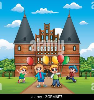 Bambini felici che giocano davanti a Holstentor Illustrazione Vettoriale