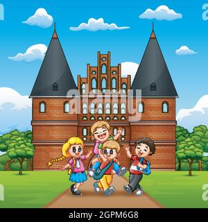 Bambini felici della scuola gioire e ridere di fronte a Holstentor Illustrazione Vettoriale