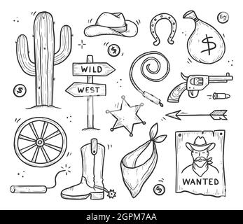 Cowboy occidentale Doodle set. Stile della linea di schizzo disegnato a mano. Cappello cowboy, cranio vacca, pistola, elemento cactus. Illustrazione del vettore Wild West. Illustrazione Vettoriale