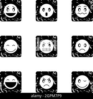 Icone rotonde smileys set, grunge stile Illustrazione Vettoriale