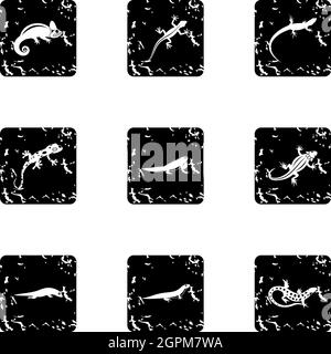 Icone lucertole impostato, stile grunge Illustrazione Vettoriale