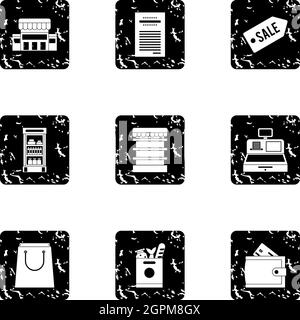Icone del negozio impostate, stile grunge Illustrazione Vettoriale