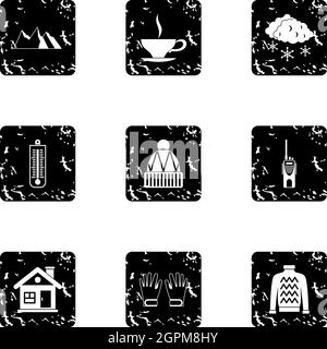 Vacanza in montagna icone set, grunge stile Illustrazione Vettoriale