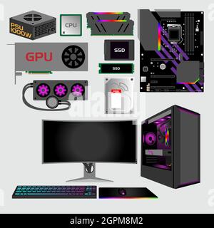 un set di hardware per pc per elementi di design, infografica o qualsiasi altro scopo. Illustrazione Vettoriale