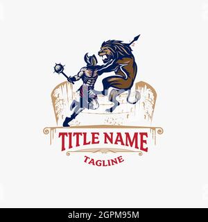 Gladiator Man Versus Lion vettore può essere utilizzato come logo, t-shirt grafica o qualsiasi altro scopo Illustrazione Vettoriale