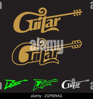 L'illustrazione concettuale del vettore del simbolo del segno della parola della chitarra può essere usata come elemento di disegno, logo, stampa della t-shirt, o qualunque altro scopo Illustrazione Vettoriale