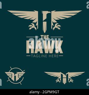 Logo H. Stile badge a tema Hawk Bird o Harpy vettore esercito basato su lettera Illustrazione Vettoriale
