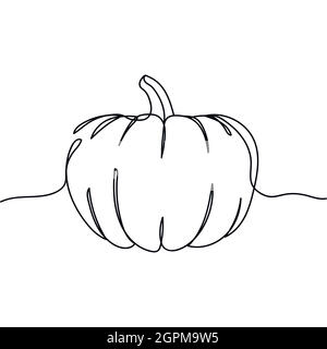 Una linea continua di zucca in silhouette. Stile minimalista. Perfetto per biglietti, inviti alle feste, poster, adesivi, abbigliamento. Icona astratta nera. Concetto di Halloween Illustrazione Vettoriale