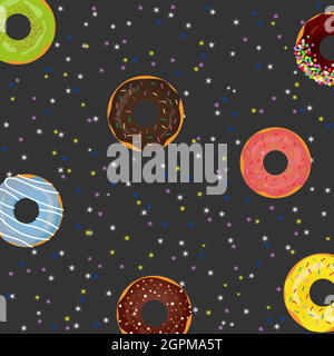 Donut vettoriali nello spazio. Design poster o cartolina, modello per menu dessert in caffetteria. Vettore eps10. Illustrazione Vettoriale