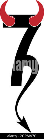 Numero 7 con corna del diavolo e coda icona logo vettore di disegno Illustrazione Vettoriale
