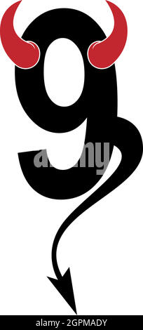 Numero 9 con corna del diavolo e coda icona logo vettore di disegno Illustrazione Vettoriale