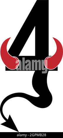 Numero 4 con corna del diavolo e coda icona logo vettore di disegno Illustrazione Vettoriale