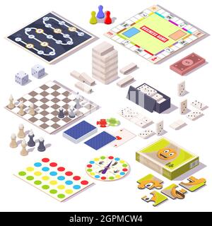 Set di gioco da tavolo. Monopoly, jenga, scacchi, domino, puzzle, carte da gioco, spinner, illustrazione isometrica vettoriale. Illustrazione Vettoriale