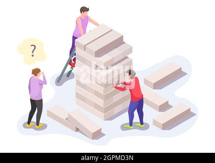 Persone felici i personaggi della famiglia, gli amici che giocano a jenga gioco da tavolo, vettore isometrico illustrazione. Attività per il tempo libero a casa Illustrazione Vettoriale
