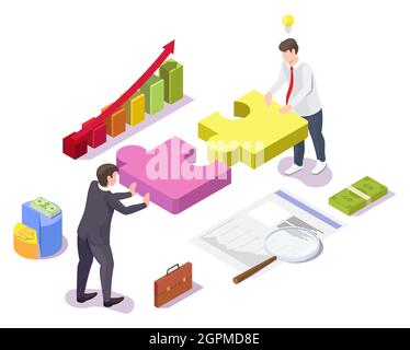 Uomini d'affari che risolvono puzzle, illustrazione isometrica vettoriale. Lavoro di squadra, cooperazione, partenariato, strategia. Illustrazione Vettoriale