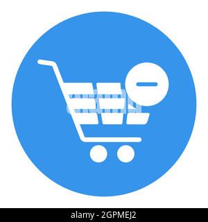 Icona glyph bianco del carrello di shopping con segno meno Illustrazione Vettoriale
