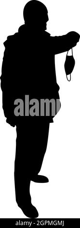 Silhouette uomo tenere viso maschera medica in mano braccio indossare polvere personale protezione attrezzature concetto virus coronavirus influenza epidemia prevenzione quarantena proteggere da inquinamento aria colore nero vettore immagine piatta stile Illustrazione Vettoriale