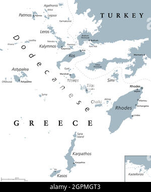 Isole Dodecanesi, gruppo insulare greco, mappa politica grigia Illustrazione Vettoriale