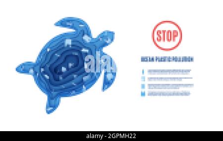 Silhouette di una tartaruga tagliata di carta e banner inquinamento oceano. Craft subacqueo profondo grotta oceano con rifiuti di plastica. Cartoon marino Papercut Illustrazione Vettoriale