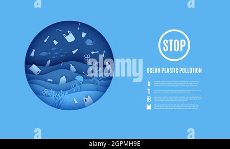 Giornata Mondiale dell'Oceano, stop bandiera di inquinamento di plastica oceanica. Vista del mondo sottomarino attraverso il oblò di un sottomarino in stile carta tagliata. Vettore Illustrazione Vettoriale