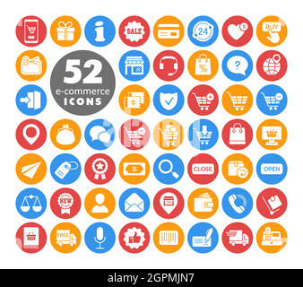 E-commerce Set vettore bianco glyph icone shopping e online Illustrazione Vettoriale