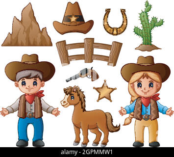 Cowboy e cowgirl di cartone animato con elementi di ovest selvaggio Illustrazione Vettoriale