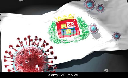 Covid in Las Palmas de Gran Canaria - coronavirus che attacca la bandiera di una città di Las Palmas de Gran Canaria come simbolo di una lotta e lotta con il vir Foto Stock