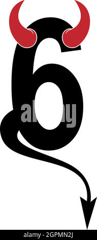 Numero 6 con corna del diavolo e coda icona logo vettore di disegno Illustrazione Vettoriale