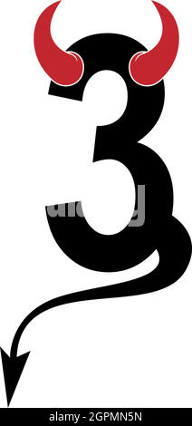 Numero 3 con corna del diavolo e coda icona logo vettore di disegno Illustrazione Vettoriale