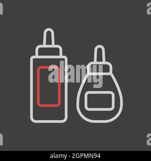 Mostarda di ketchup e maionese icona bottiglia piccante su sfondo scuro Illustrazione Vettoriale