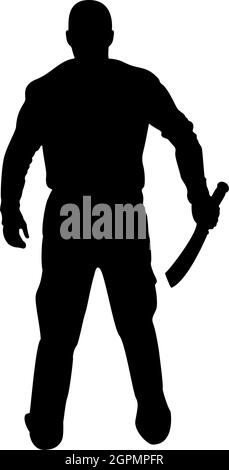 Silhouette uomo con spada machete armi fredde in mano militare uomo soldato serveman in posizioni cacciatore con coltello lotta pone forte difensore guerriero concetto armi stand vista dal retro terribile e spaventoso nero vettore illustrazione di colore piatto stile i Illustrazione Vettoriale