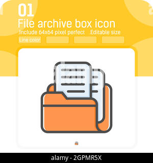 Icona della casella di archiviazione dei file con lo stile della linea riempita isolato su sfondo bianco. Immagine vettoriale linea stile colore elemento segno sottile icona simbolo per ui, ux, web design, logo, app mobili e tutto il progetto Illustrazione Vettoriale