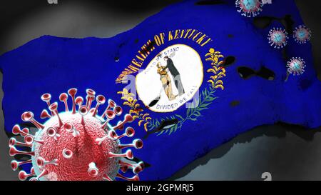 Covid in Kentucky - coronavirus che attacca una bandiera di stato del Kentucky come simbolo di una lotta e lotta con il virus pandemic in questo stato, 3d illus Foto Stock