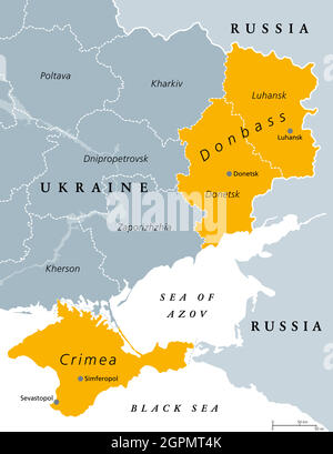 Donbass e Crimea, aree disputate tra Ucraina e Russia, mappa politica Illustrazione Vettoriale