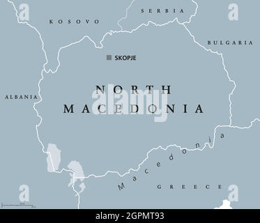 Macedonia settentrionale, mappa politica grigia, con capitale Skopje Illustrazione Vettoriale