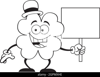 Illustrazione in bianco e nero di uno shamrock con un cartello. Illustrazione Vettoriale