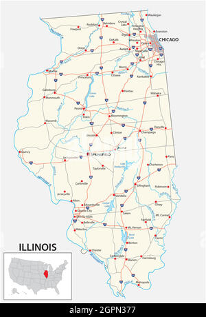 Mappa stradale dello stato americano dell'illinois Illustrazione Vettoriale