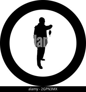 Uomo tenere faccia maschera medica in mano braccio indossare protezione personale polvere concetto Virus Coronavirus influenza epidemia prevenzione epidemia di influenza quarantena proteggere da aria inquinamento silhouette in cerchio rotondo colore nero vettore illustrazione contorno solido st Illustrazione Vettoriale