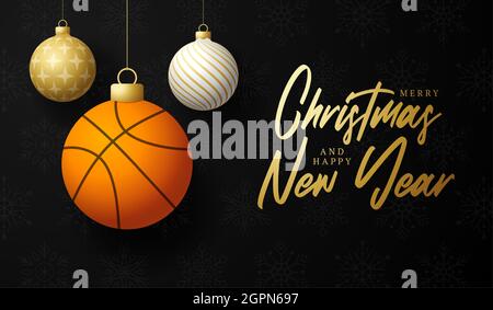 Basket buon Natale e felice anno nuovo di lusso Sport biglietto di auguri. Palla di basket come una palla di Natale su sfondo. Illustrazione vettoriale. Illustrazione Vettoriale