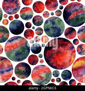 Motivo senza giunture dello spazio di acquerello. Astrazione del pianeta, stelle, cielo notturno. Modelli infinitamente ripetitivi del cosmo. Isolato su backgro bianco Foto Stock