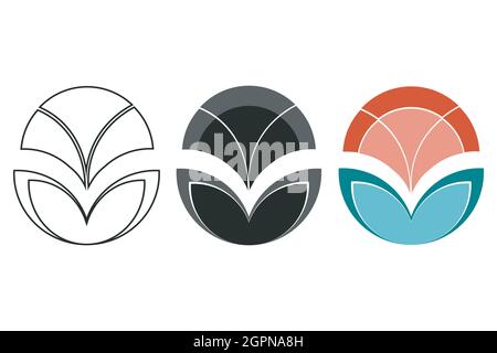 Set di icone floreali. Tre illustrazioni vettoriali geometriche in forma di contorno, disegno del logo piatto e colorato. Sfondo bianco Illustrazione Vettoriale